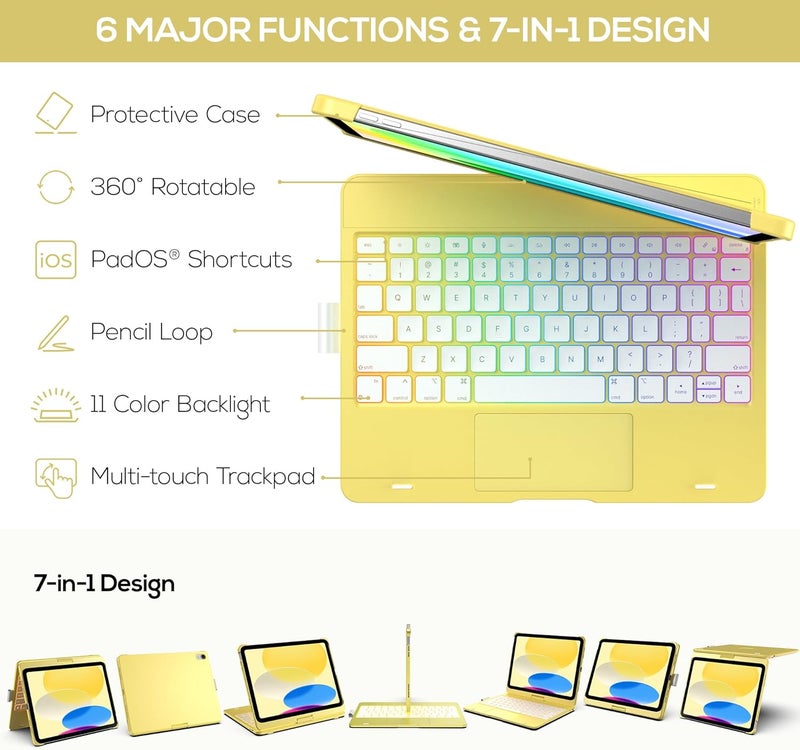 typecase حافظة آيباد 11 الجيل العاشر مع لوحة مفاتيح (11" 2025، A16 و 10.9" 2022) – قابلة للدوران 360°، إضاءة خلفية بـ 11 لون، لوحة تتبع متعددة اللمس، حامل قلم، رقيقة وخفيفة – صفراء - Image 4